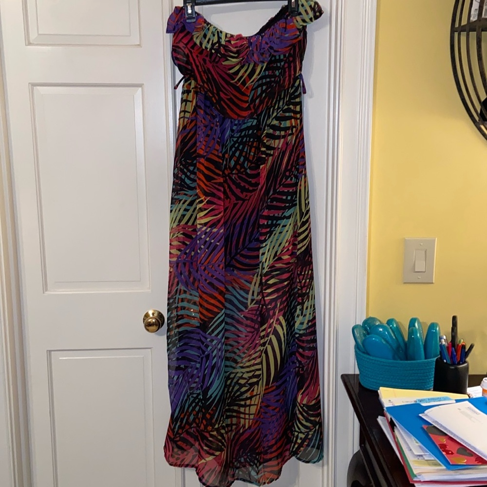 Dots Multi Color Palm Leaves Coverup Strapless Maxi Dress